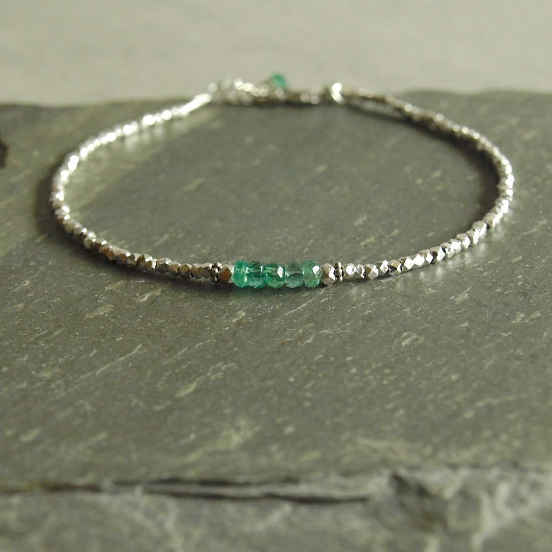 Tiny Emerald Bracelet, Sterling Silver Beads, Blue Green Emeralds ...