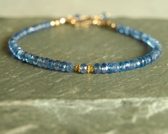 Solid Gold Sapphire Bracelet, beautiful blue sapphires, 18K gold and 14K gold, precious bead gift, luxury women's jewelry