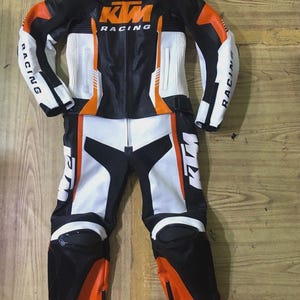 KTM Racing Leather Suit – Pro Biker Track Suit with Armor Protection