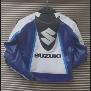 Chaqueta de cuero premium Suzuki Racing – Edición azul y blanca