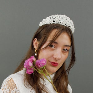 Valerie Vintage 1980s White Rhinestone Center Floral Beaded Crown, Faux Pearl, Vintage Deadstock, Bridal Crown, Vintage Romantics