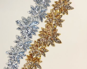 Vintage Sequin Beaded Floral Appliqué, Gold & Silver Long Appliqué, Large and Long Appliqué, Vintage Deadstock, Vintage Sewing Supplies