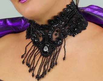 Vintage Sequin & Beaded Neck Appliqué Choker, Teardrop Faceted Gem, Beaded Fringe, 80s Victorian Revival, Hook and Loop Fastener