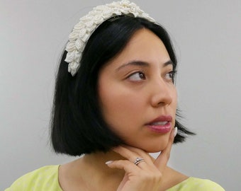 Margot Satin Flower Headband, Vintage 1990s Bridal Headband, 90s Deadstock, Vintage Beaded Bridal Accessories,