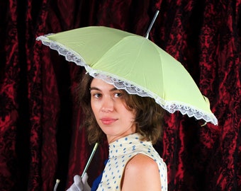 Vintage Green & White Lace Trimmed Parasol, Vintage 1970s Parasols, Great For Weddings, Bridal Parties, Bridesmaids, Costume Accessories