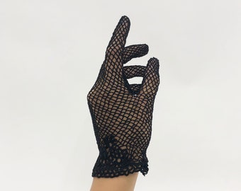 Vintage 1980s Deadstock Black Floral Trim Crochet Gloves, Vintage Cotton Crochet Gloves, Scalloped Crochet, Vintage 1980s, Wedding Bridal