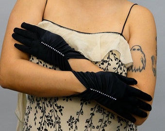 Vintage Late 1970s Deadstock Ruched & Rhinestone Gloves, Vintage Black Gloves, 70s Evening Formal Gloves, One Size Fits All, Limited Stock