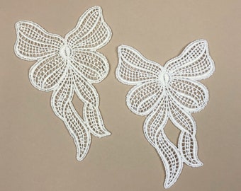 Ribbon Net Design Embroidered Bow Appliqué, Comes In Bridal White or Ivory, Venetian Lace Bow, Costume Design, Sewing DIY