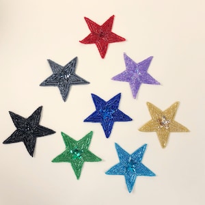 Vintage Glass Beaded & Sequin Large Star Appliqués, Comes With 2 Appliqués, Vintage Sewing Supplies, 80s Bugle Beads, Large Star Appliqués