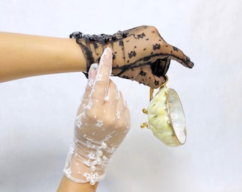 Pair of White Lace Bridal Gloves With Bow Vintage 1980\u2019s White Stretch Lace Bow Wrist Gloves Classic 80/'s Vintage Style #45