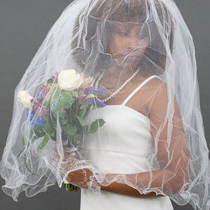 Ella Swirly Hem Veil, Vintage Fingertip Length, Two Tier, White Bridal Veil, 90&#39;s Deadstock Wedding Veil, Vintage Bridal Accessories