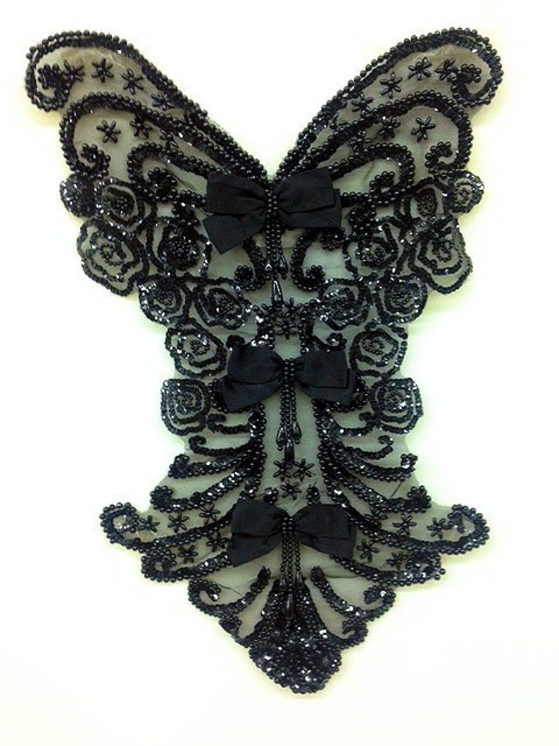Comes In Black /& Ivory Iridescent Pearls Beaded Bodice Applique W 3 Satin Bows Sequins Can Be Added To a Dress Costume or Lingerie.