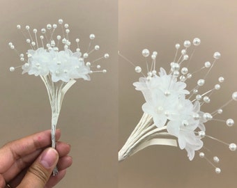 Vintage Frosted White Acrylic Florals with Faux Pearl Spray on Illusion Wire, Bridal DIY, Wedding Floral Bouquet Accents, Pearl Stem Sprays