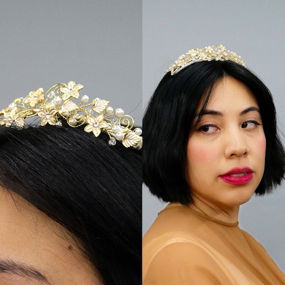 Vintage 1990s Gold Bridal Floral Hair Comb, Faux … - image 1