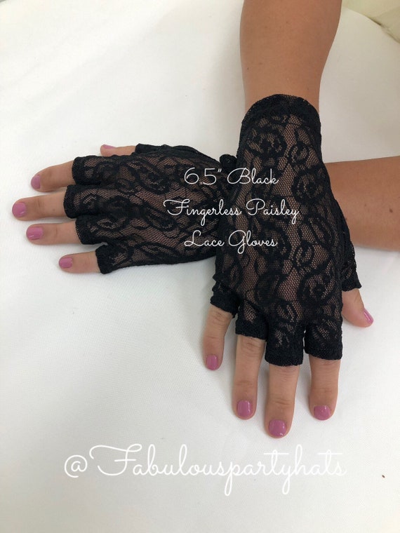 Black Lace Gloves,6.5" Fingerless Paisley Lace Glo