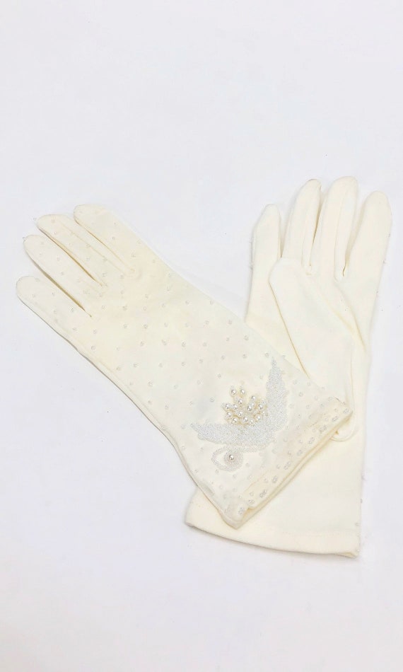 Vintage 1960s Matte Satin Beaded Gloves, 60s Form… - image 6