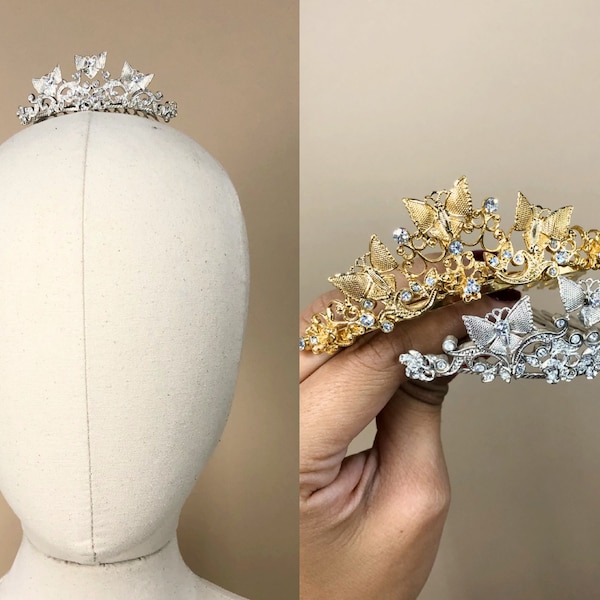 Vintage zilveren vlinder tiara kam, wordt geleverd in goud of zilver, vintage strass details, vlinder haarkam, vintage bruids haarkam