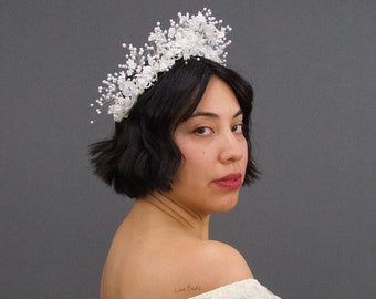 Vintage Late 1970's Floral & Pearl Sprays Bridal Wreath, 70s Bohemian Bridal Crown, Wedding Bridal Headpiece, Boho Wedding