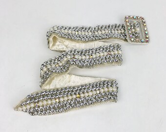 Vintage 1960's Deadstock Silver Beaded & Iridescent Rhinestone Belt, 60s Hand Beaded Belt, Vintage Faux Pearl Detail, One Size Fits Most