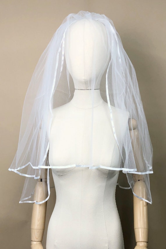 Vintage Two Tiered Ribbon Trim Veil, Vintage 1990… - image 6