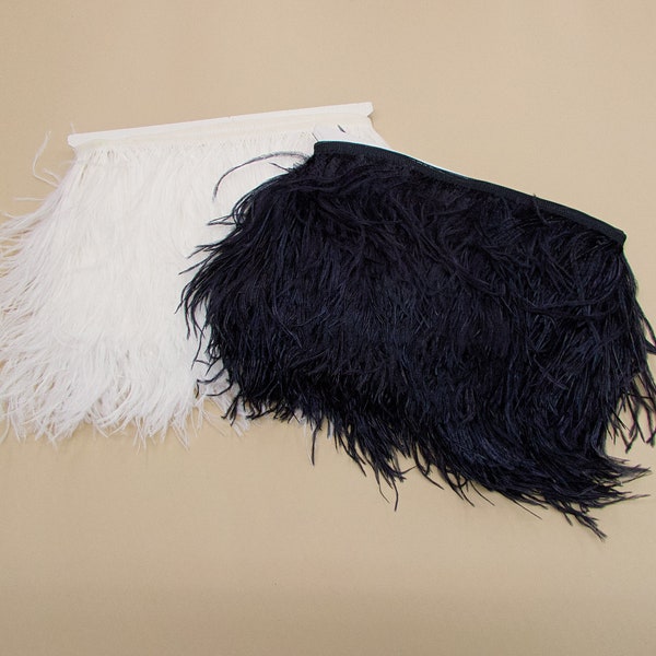 Vintage Deadstock Ostrich Feather Trim, Black or White Ostrich Feather Fringe,  Nylon Footing, Made in Macau, Sold by The Yard/6 Yard Pack