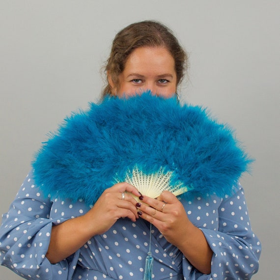 Vintage 1960s Blue Deadstock Marabou Feather Fans… - image 1