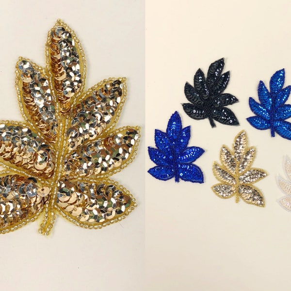 Large Vintage Glass Beaded Outline & Sequin Leaf Appliqués, Classic Colorways, Vintage Deadstock Supplies, Vintage DIY Sewing, Leaf Motif