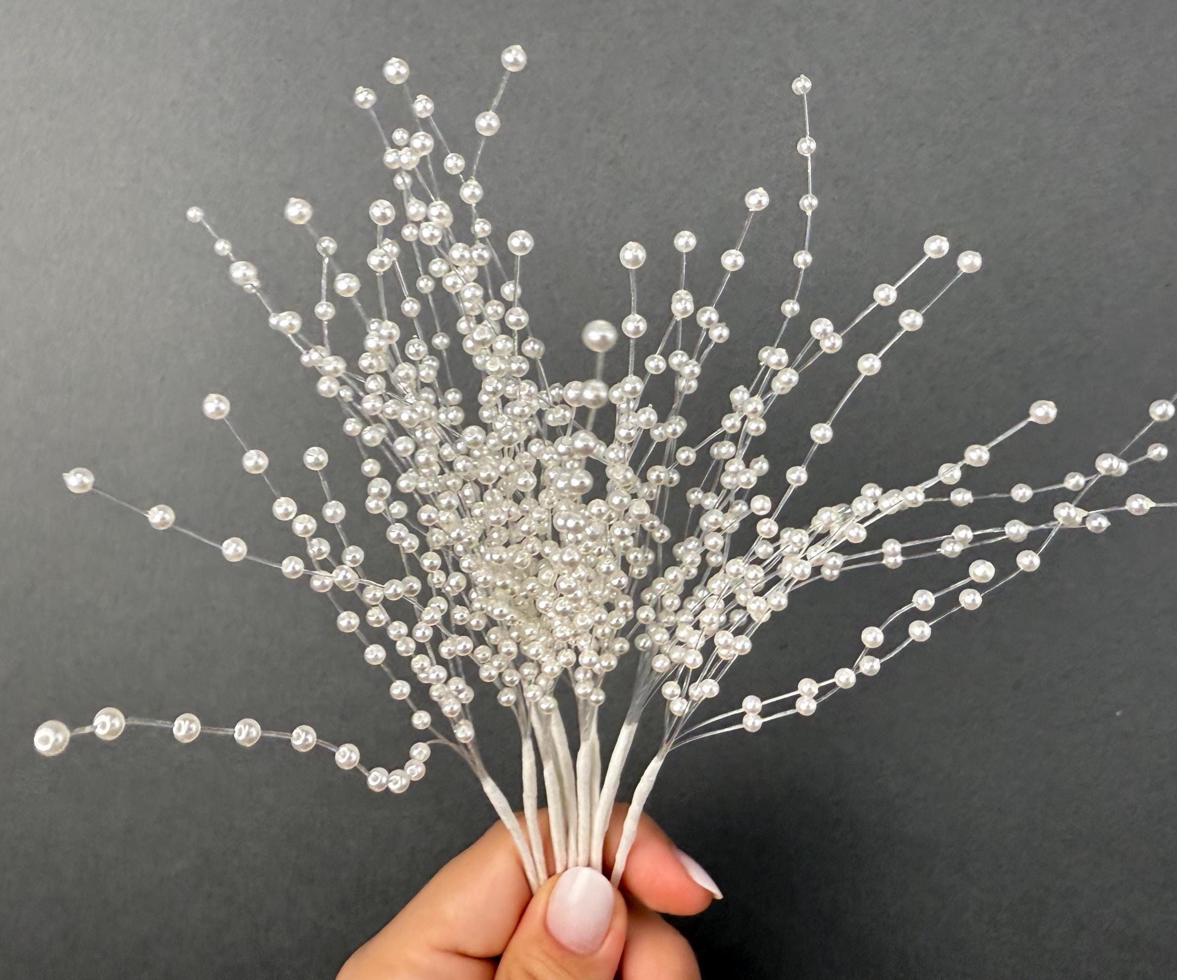 Vintage Bridal White 12 Stem Pearl Spray with Illusion Wire, Delicate Pearl Spray, DIY Bouquet Accents, Pearl Stem Sprays, Floral Crafting