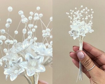 Vintage White Acrylic Florals with Faux Pearl Spray on Illusion Wire, Bridal DIY, Wedding DIY Floral Bouquet Accents, Pearl Stem Sprays