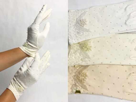 Vintage 1960s Matte Satin Beaded Gloves, 60s Form… - image 1