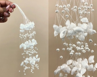Vintage White Floral Bud & Pearl Spray, Illusion Wire Base, Wedding DIY Floral Bouquet Accents, Pearl Stem Sprays, Floral Supplies, Bridal