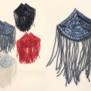 Vintage Glass Beaded Appliqué or Epaulet, 80s Vintage Fringe Beaded & Sequin Appliqué, Comes in Four Colors, Sold As A Pair