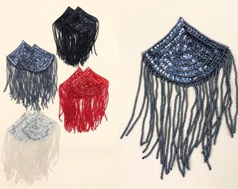 Vintage Glass Beaded Appliqué or Epaulet, 80s Vintage Fringe Beaded & Sequin Appliqué, Comes in Four Colors, Sold As A Pair