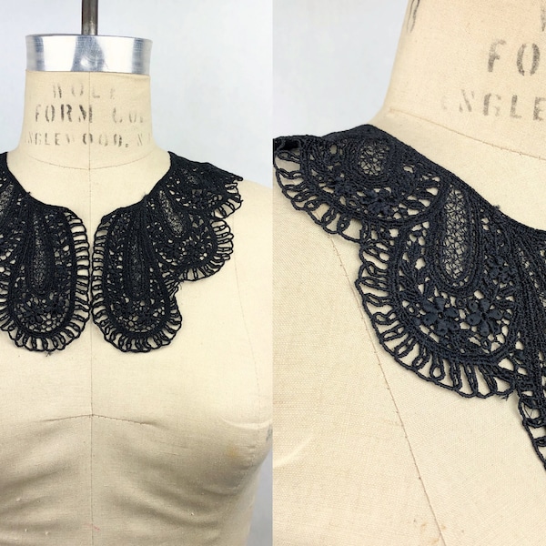 Vintage Black Crochet Lace Collar, 1970's Crochet Collar, DIY Sewing, Vintage Applique, Vintage Peacock Style Lace Collar