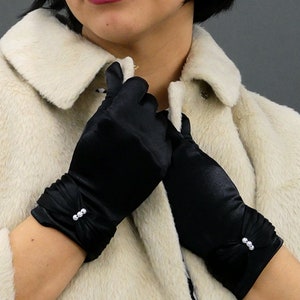 Vintage 1960s Deadstock Satin Gloves, 60s Ruched Gloves W/ Pearl Accents, Vintage Bridal, Wedding, Comes In White, Black and Ivory, One Size