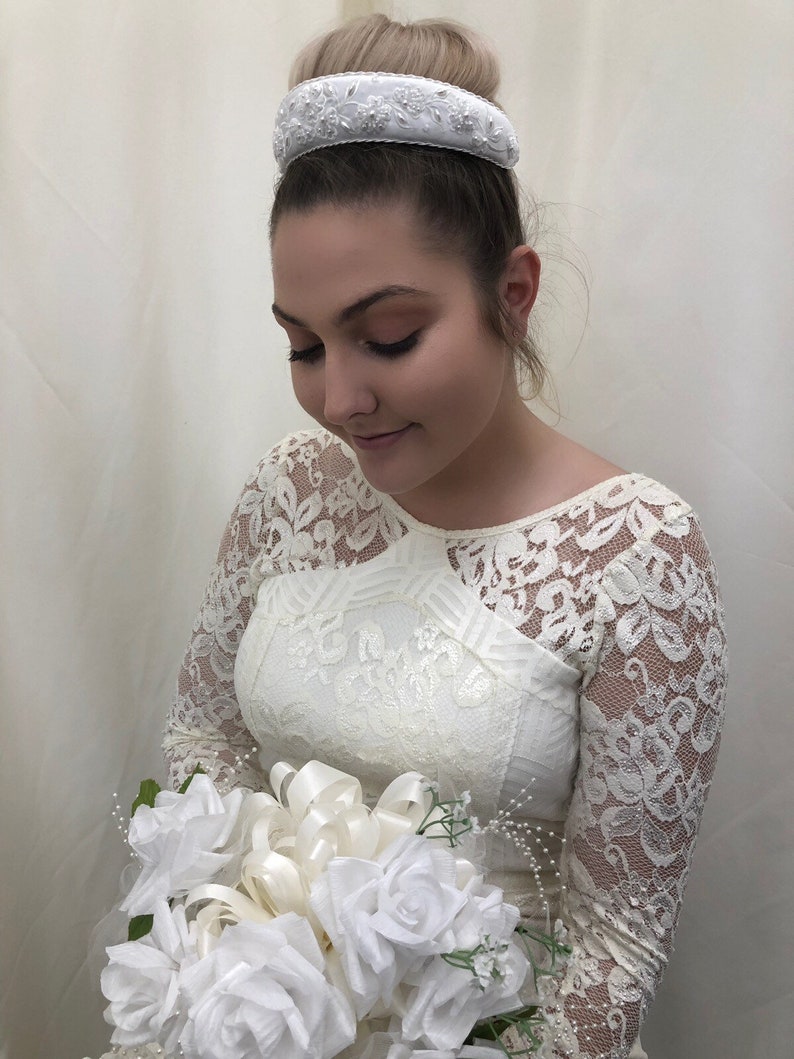 Simply Beautiful,Perfect for Weddings! Bridal Wedding Headpiece In White Satin w Embroidered Regal Design With Clear Beading /& Pearls