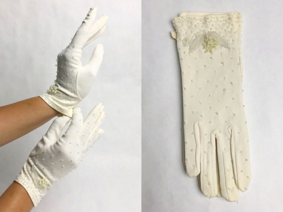 Vintage 1960s Matte Satin Beaded Gloves, 60s Form… - image 3