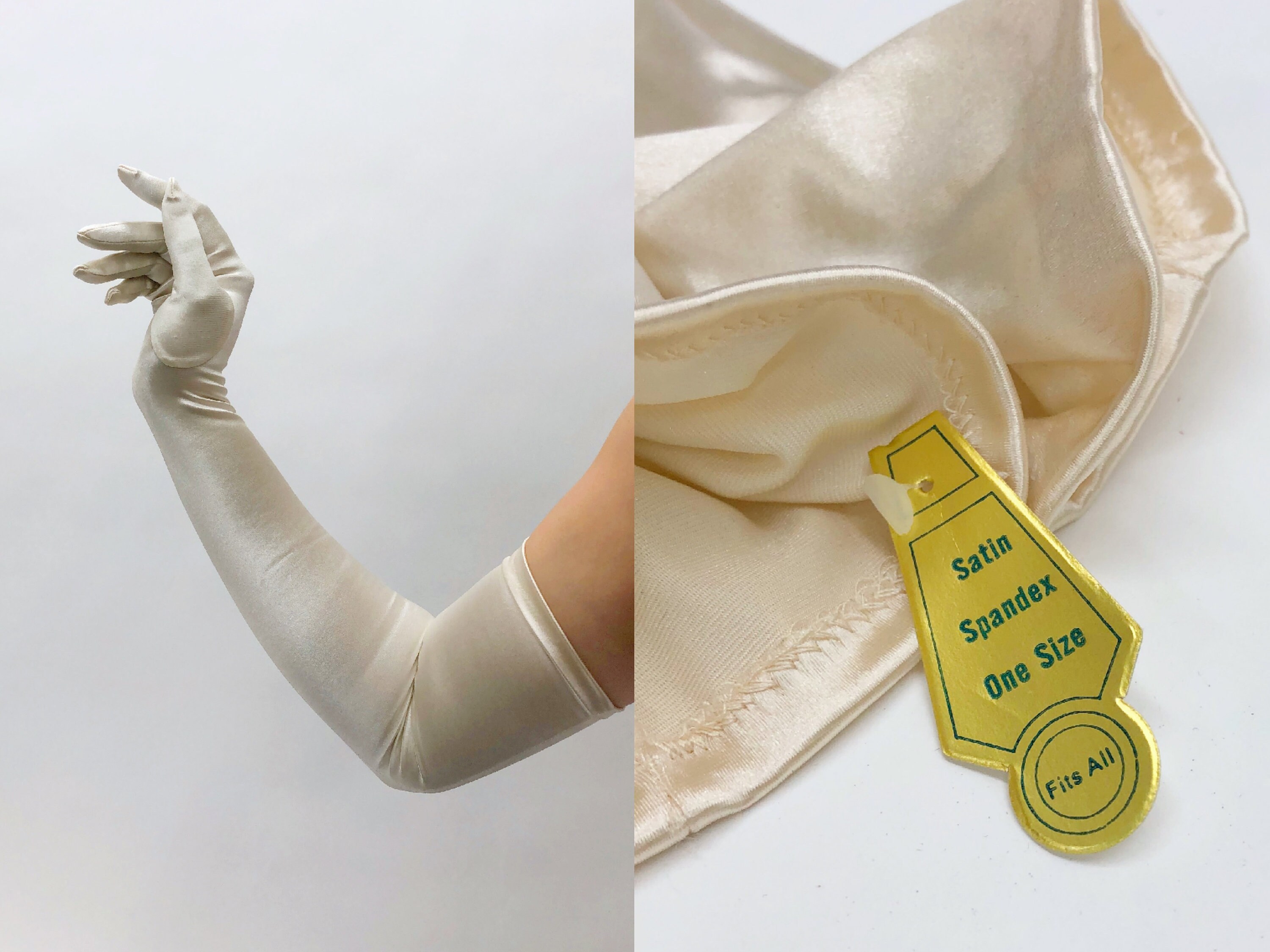 Vintage 1950s Deadstock Ivory Satin Opera Gloves, Long Shoulder Lengt…