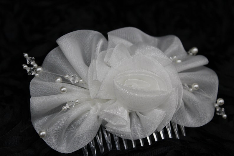 Wedding Hair Comb,Three Dimensional W Shimmering Iridescent Organza Ruffle Rose Bow Adorned W Pearl Beads /& Translucent Beads!