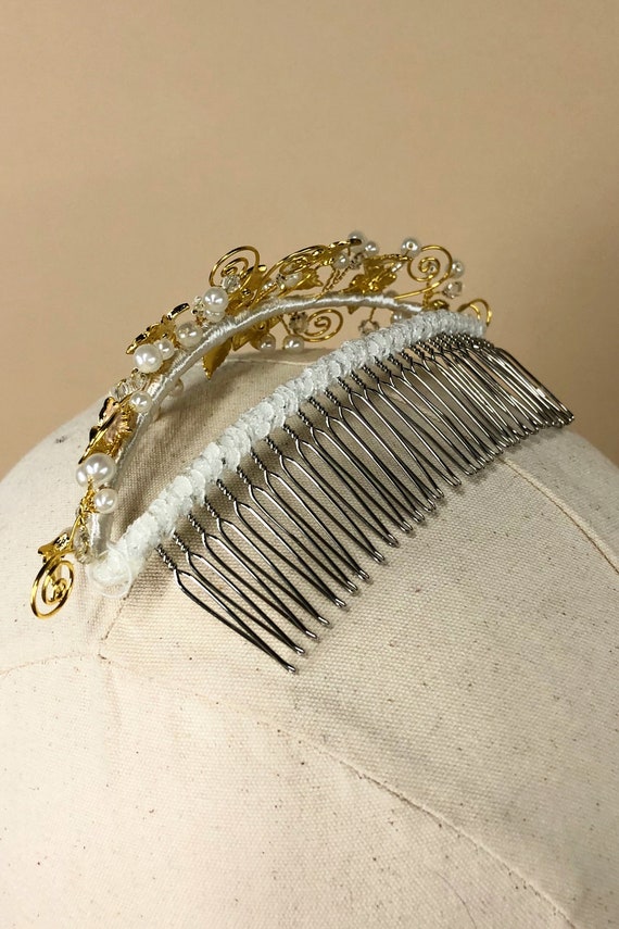 Vintage 1990s Gold Bridal Floral Hair Comb, Faux … - image 8