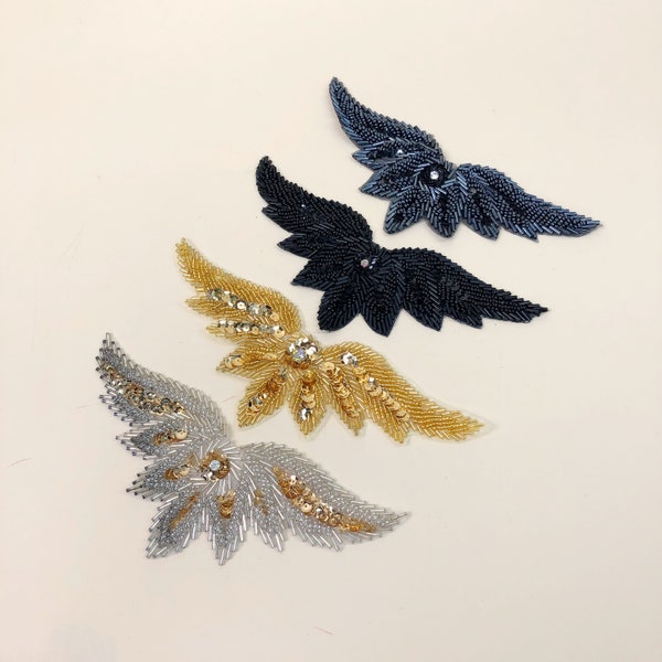 Vintage Rhinestone Accented Winged Sequin Appliqué, 80s Smaller Vintage Appliqué, Beads & Sequins, Rhinestone Center, Sold As A Single Piece