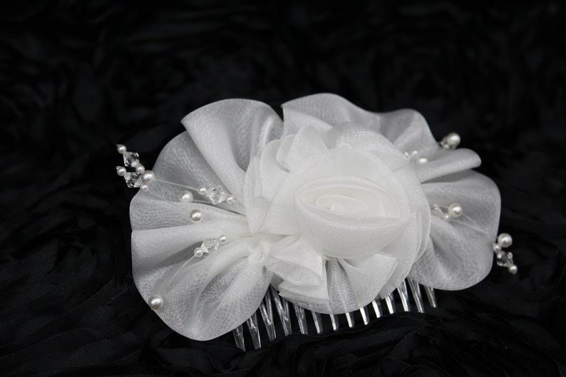 Wedding Hair Comb,Three Dimensional W Shimmering Iridescent Organza Ruffle Rose Bow Adorned W Pearl Beads /& Translucent Beads!