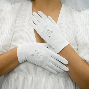 Eloise Gloves, Vintage 1960's White Matte Nylon Gloves, Glass Beading and Iridescent Rhinestones, Vintage Deadstock, Bridal Gloves, Weddings