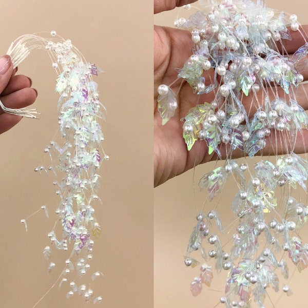 Vintage Iridescent Leaves & Pearl Spray on Illusion Wire, 12 Stem Pearl Sprays, DIY Wedding, Floral Bouquet Accents, Floral Supplies, Bridal