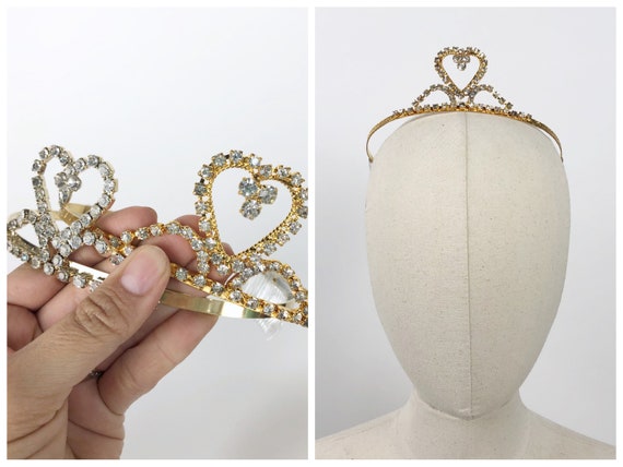 Gold Diamond Heart Rhinestone Tiara, Vintage Tiar… - image 1