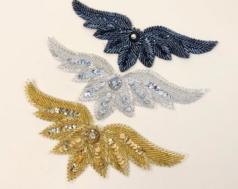 Vintage Rhinestone Accented Winged Sequin Appliqué, 80s Vintage Appliqué, Beads & Sequins, Rhinestone Center, Sold As A Single Piece
