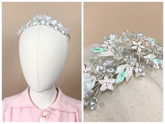 Pink Floral Hand Wired Tiara, Pearl and Crystal B… - image 1