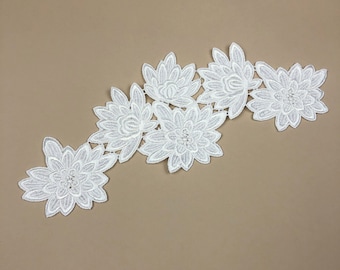 Dahlia Embroidered Lace Appliqué, Vintage Lace Appliqué, Sewing DIY, Off White Appliqué, Bridal Design, Sold as Mirrored Pairs