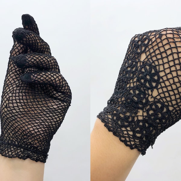 Vintage 1980s Pinwheel Black Crochet Gloves, 100% Cotton Vintage Gloves, 50s Black Crochet, Tea Party, Gothic, Deadstock