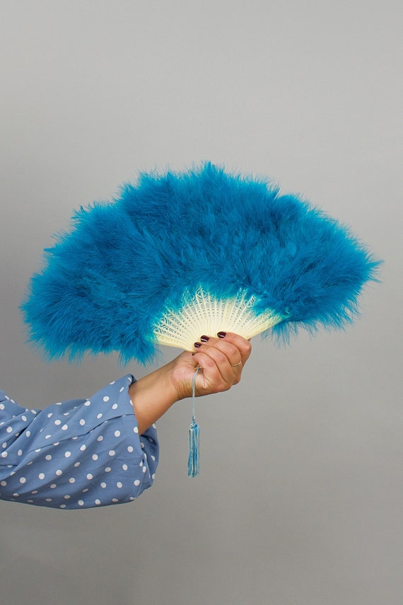 Vintage 1960s Blue Deadstock Marabou Feather Fans… - image 2